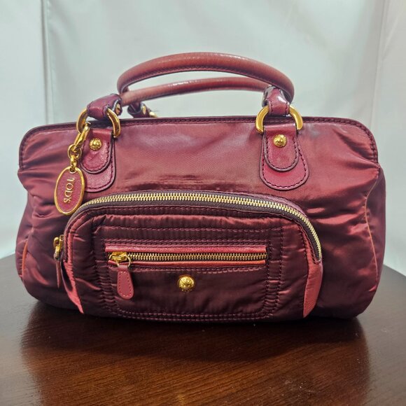 Tod's Pashmy Satchel Bag Bordeaux Nylon and Leather Shoulder Bag Made in Italy - Picture 1 of 2